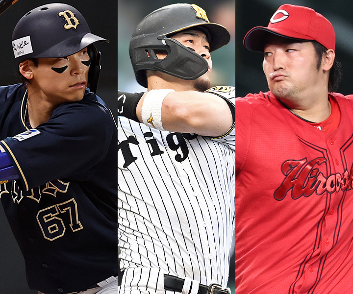 今オフの動向が注目される中川圭太、佐藤輝明、床田寛樹(左から)