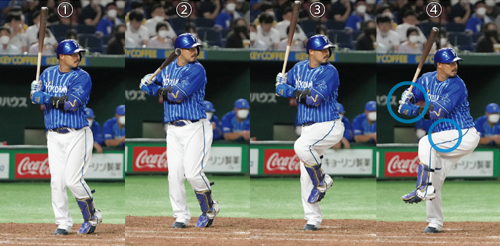 宮崎敏朗のバッテ 連続写真】DeNA・宮崎敏郎「トップまでは独特の動きだが最終的に