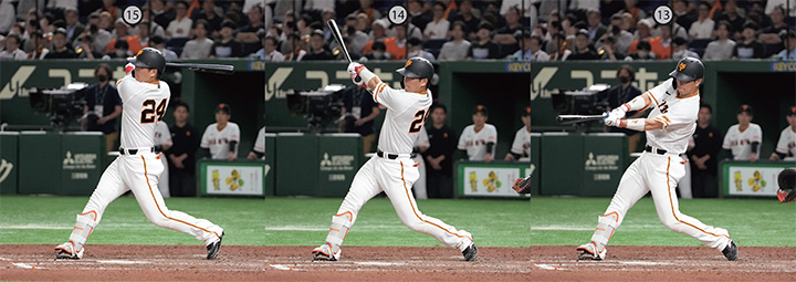 連続写真】巨人・大城卓三「下半身からの力を伝えるスイング。バットの