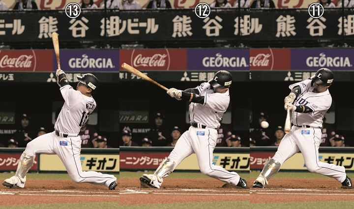 連続写真 西武 森友哉 前編 どれだけ後ろ 軸足側 に残せるか を意識したフォーム 森選手にしかできない形だが 基本はしっかりと抑えている 野球コラム 週刊ベースボールonline