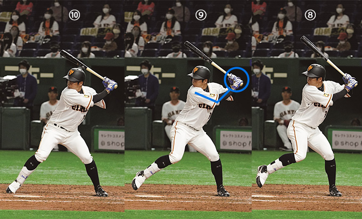 連続写真】巨人・松原聖弥「シンプルに浅めに足を上げてバットを