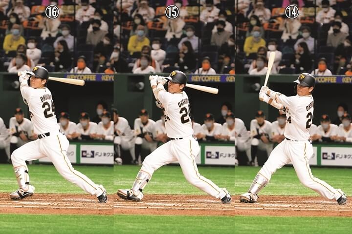 連続写真 巨人 大城卓三 お手本は阿部慎之助コーチ 上半身は動かさず 下半身の移動だけを意識すればコンタクトに集中できます 野球コラム 週刊ベースボールonline